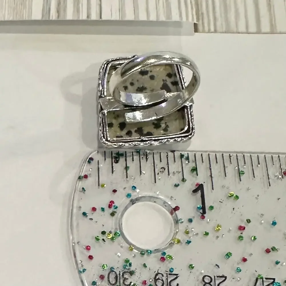 Geometric Dalmatian Jasper handmade‎ ring stamped 925 silver overlay adjustable - Picture 3 of 4